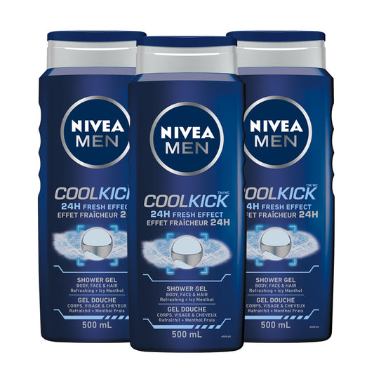 NIVEA MEN Cool Kick Body Wash | 3-in-1 Men Shower Gel (Body, Face & Hair), 3x500mL