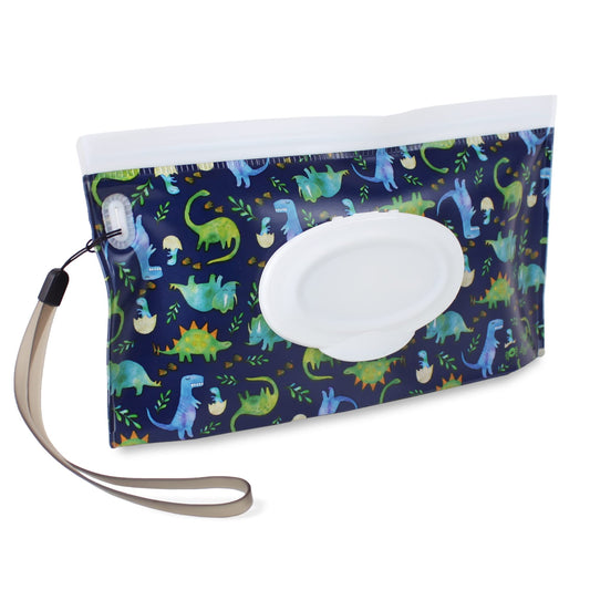 Itzy Ritzy Travel Wipes Case - Reusable Wipe Pouch – Take & Travel Pouch Holds Up To 30 Wet Wipes, Includes Silicone Wristlet Strap, Raining Dinosaurs