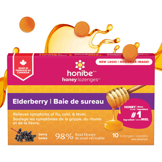 Honibe 100% Pure Honey Lozenges, Made in Canada, Mucus and Cough Relief, With Elderberry, 1 pack (10 lozenges), Natural Berry