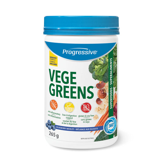 Progressive VegeGreens Blueberry Medley, Vegan Canadian-Made Superfoods + Daily Greens with 23 Whole Foods, Adaptogens, Anti-Inflammatory, Antioxidants & Digestive Support for Energy and Immunity, 265 g