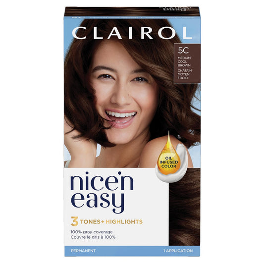 Clairol Nice'n Easy Permanent Hair Dye, 5C Medium Cool Brown | 100% Grey Coverage | Long‑Lasting, Natural‑Looking Colour & Shine |Pack of 1