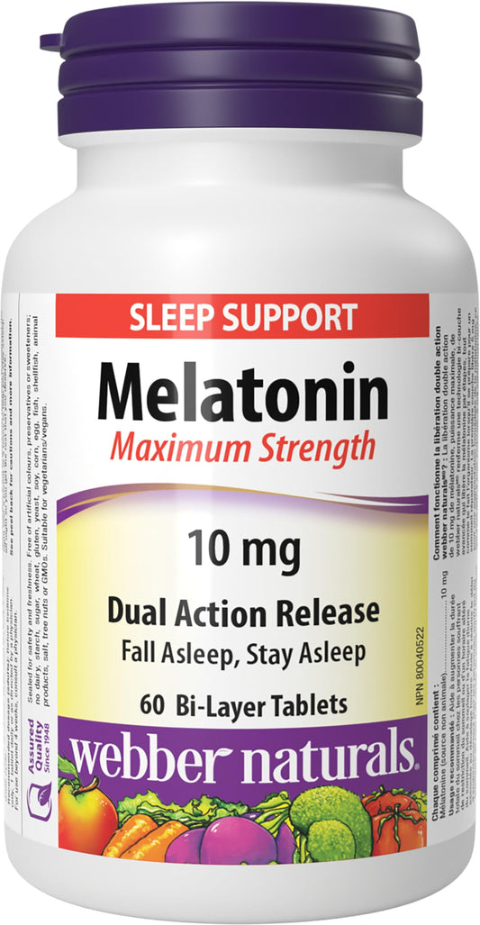 Webber Naturals Melatonin 10 mg, Maximum Strength, 60 Dual Action Timed Release Tablets, For Sleep Support, Vegan