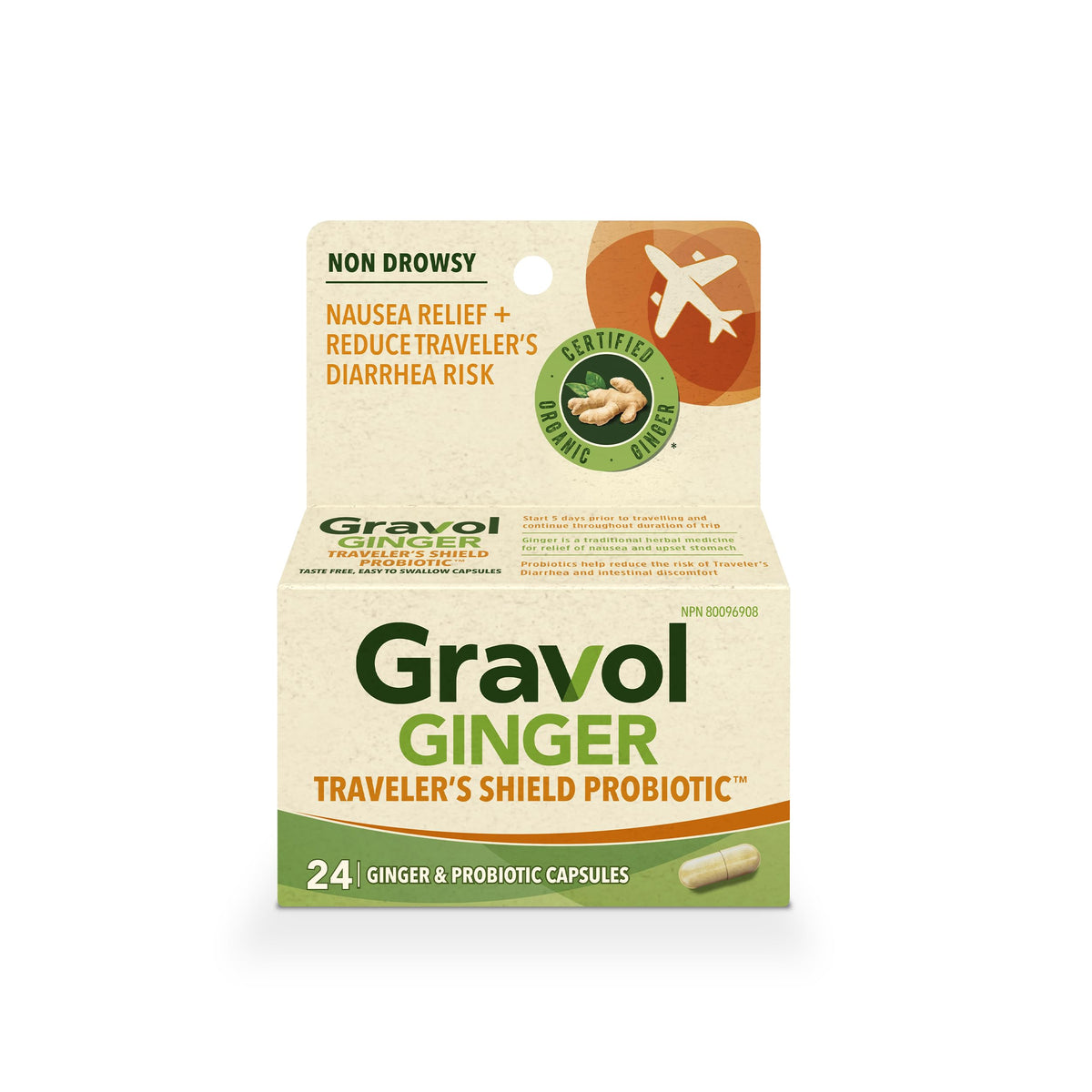 Gravol Ginger Traveler's Shield Probiotic - Nausea and Upset Stomach Relief - Reduces risk of Traveler's Diarrhea - Organic ginger with Probiotic - Non-Drowsy - 24 Capsules (Pack of 1)