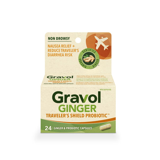 Gravol Ginger Traveler's Shield Probiotic - Nausea and Upset Stomach Relief - Reduces risk of Traveler's Diarrhea - Organic ginger with Probiotic - Non-Drowsy - 24 Capsules (Pack of 1)