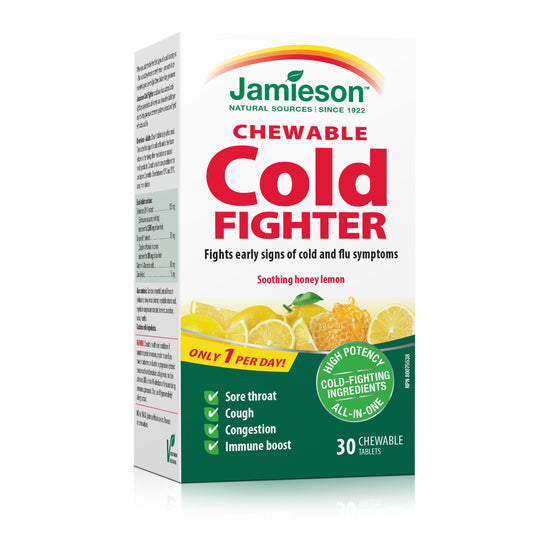 Jamieson Cold Fighter Chewable Honey Lemon Flavour, for Adults and Adolescents (10+), Helps Fight Early Signs of Colds and Improves Cold Symptoms. With Ginger for Nausea Relief, No Artificial Colours, Flavours, or Preservatives, 30 Count