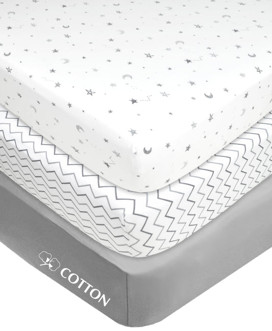 American Baby Company 100% Natural Cotton Value Jersey Knit Fitted Portable/Mini-Crib Sheet, Gray Stars/zigzag/ Gray, 24" x 38" x 5", Soft Breathable, for Boys and Girls, Pack of 3