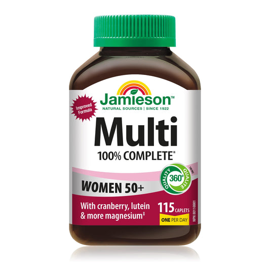 Jamieson 100% Complete Multivitamin For Women 50+, with Cranberry, Lutein, and More Magnesium. Supports Immunity, Energy, Overall Health, Eye Support, and Bone Health, Gluten-Free, One Per Day, 115 Caplets