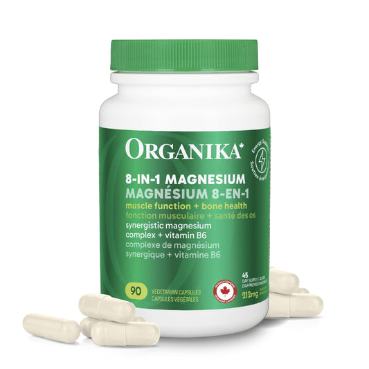 Organika Canadian-Made 8-In-1 Magnesium - 212mg Synergystic Magnesium Complex with Vitamin B6 to Support Muscle Function, Bone Health, Energy, and Cardiovascular Health | 90vcaps, 45 Servings