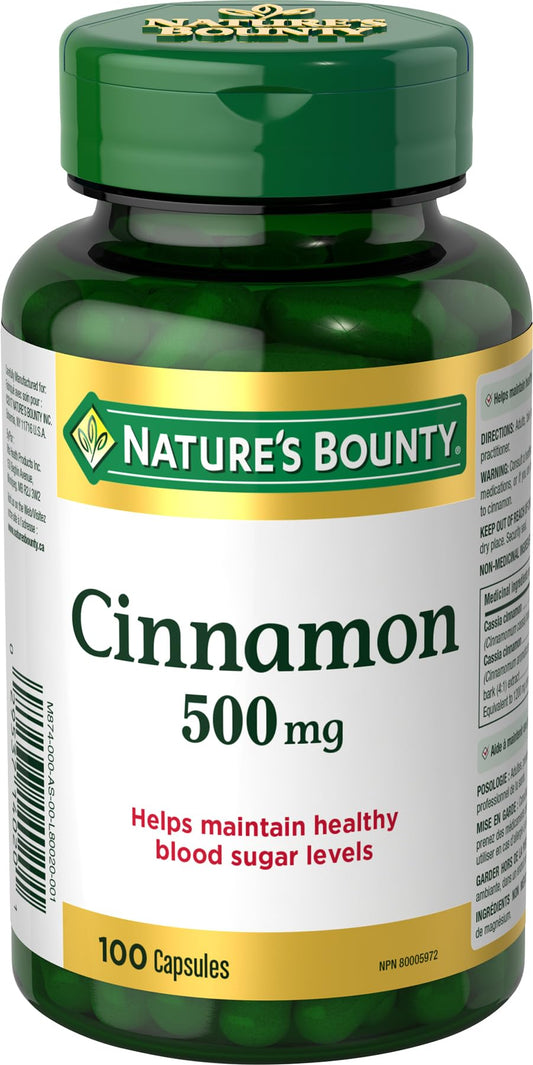 Nature's Bounty Cinnamon 500mg Pills and Herbal Health Supplement, Helps Maintain Blood Sugar Levels, 100 Capsules