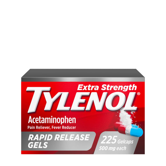 Tylenol Rapid Release Extra Strength Gelcaps, Acetaminophen 500 mg per Gel, Laser Drilled Holes Allow Fast, Strong Pain Relief, Fever Reducer, Gentle on Stomach, 225 Count Value Size