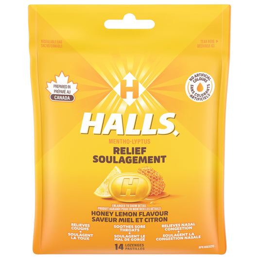 HALLS Honey Lemon Cough Drops, Throat Lozenges, Sore Throat Relief, Mentho-Lyptus, 14 Lozenges, Prepared in Canada