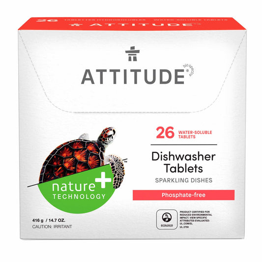 ATTITUDE Dishwasher Pods, Made in Canada, Naturally Derived Dishwashing Detergent, Vegan and Plant-Based Dish Soap Tablets, Phosphate Free, Unscented, 26 count