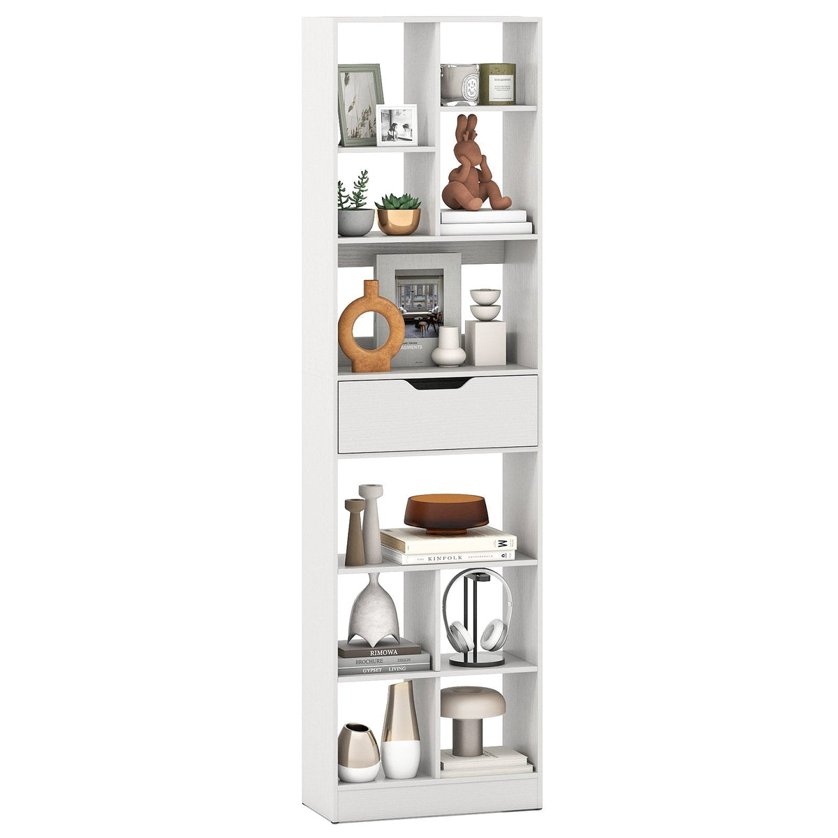 71inch Tall Freestanding Bookcase with Drawer 10-Cube Storage Organizer-White
