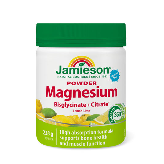 Jamieson Magnesium Bisglycinate 300 mg Powder Natural Lemon-Lime Flavour, Supports Muscle Function, Bone Health, and Boosts Energy. Gluten-Free, No Artificial Colours, Flavours, or Preservatives, 228 g