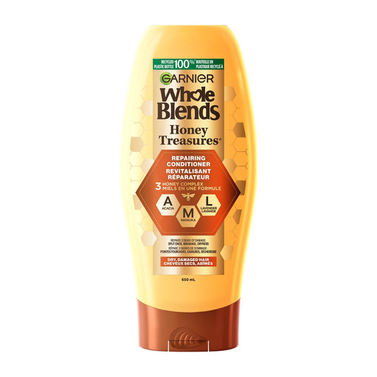 Garnier Whole Blends Honey Treasures Repairing Conditioner for Damaged and Dry Hair, Repairs Split Ends and Breakage, more Moisture, Paraben-Free, 650ml