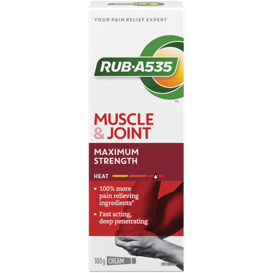 Rub-A535 Muscle & Joint Max Strength Pain Relief Cream - Made in Canada, Fast Acting Pain Relief, 100% More Pain Relieving Ingredients, Stainless and Greaseless, Works on Contact - 100g