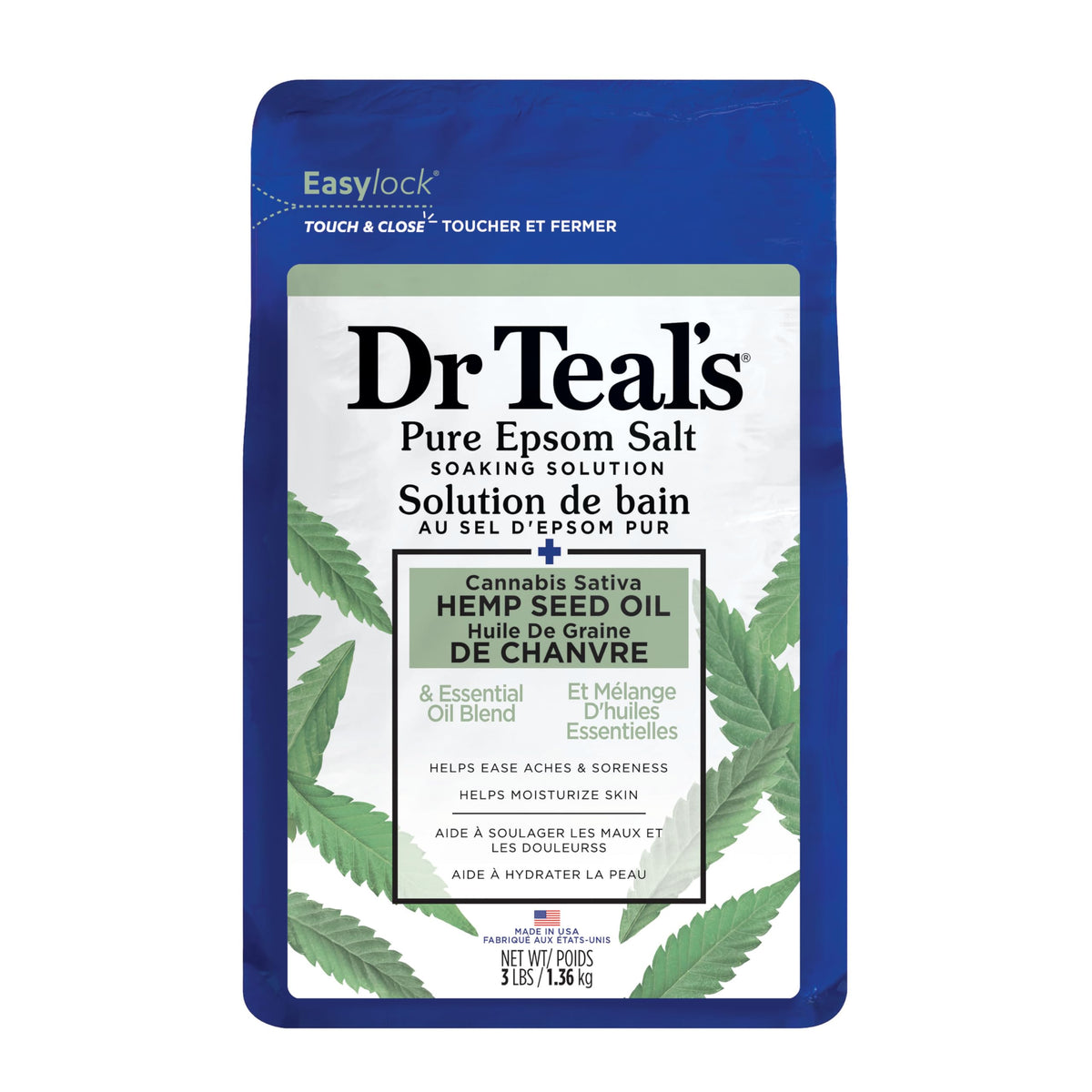 Dr Teal’s Salt Soak with Pure Epsom Salt, Cannabis Sativa Hemp Seed Oil, 3 lbs (Packaging May Vary)