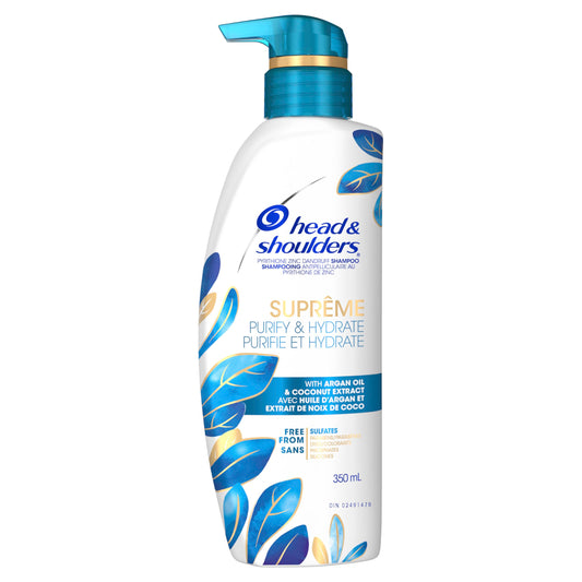 Head & Shoulders Anti-Dandruff Purify & Hydrate Shampoo, 1% Pyrithione Zinc, Argan Oil and Coconut Extract, Safe for Colour Treated Hair, Supreme 350 mL