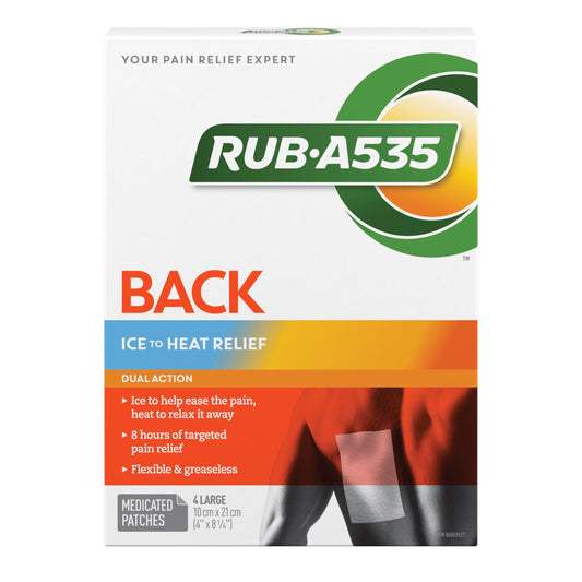 Rub-A535 Back Ice to Heat Pain Relief Medicated Patches - Dual Action, Flexible and Greaseless, 8 Hours of Targeted Pain Relief - 4 Patches
