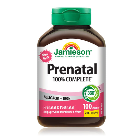 Jamieson Prenatal 100% Complete Multivitamin, with Folic Acid and Iron. Formulated for Prenatal and Postnatal, and While Breastfeeding, Prevents Neural Tube Defects, Gluten-Free, One Per Day, 100 Caplets