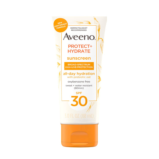 Aveeno Protect + Hydrate Moisturizing Body Sunscreen Lotion with Broad Spectrum SPF 30 & Prebiotic Oat, Weightless & Refreshing Feel, Paraben-Free, Oil-Free, Oxybenzone-Free, 3.0 fl. oz