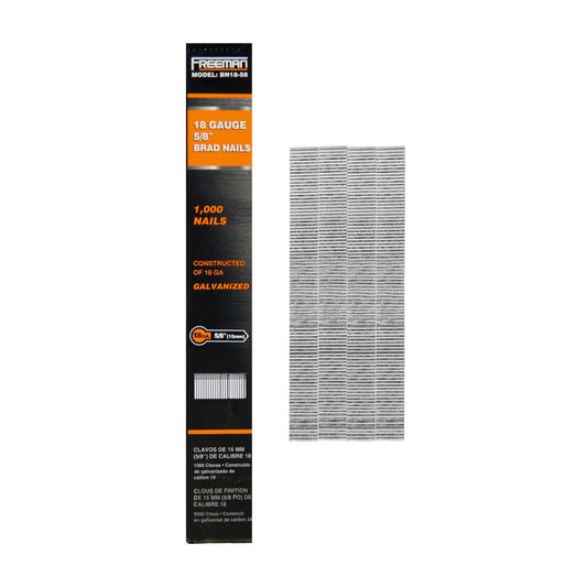 Freeman 18-Gauge Brad Nails, 5/8 Inch, Glue Collated Galvanized, 1000 Count, for Trim, Molding and Baseboards, Fits Most 18-Gauge Pneumatic, Electric Brad Nailers – BN18-58