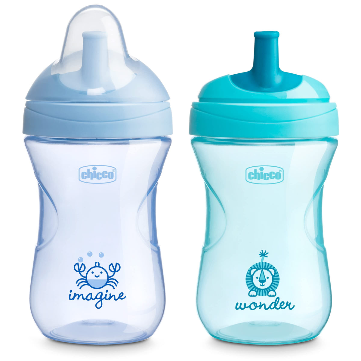 Chicco Sport Spout Trainer with Semi-Firm, Bite-Resistant Spout and Spill-Free Lid 9oz. | Top-Rack Dishwasher Safe | Easy to Hold with Ergonomic Indents | Pale Blue/Teal, 2pk | 9+ Months