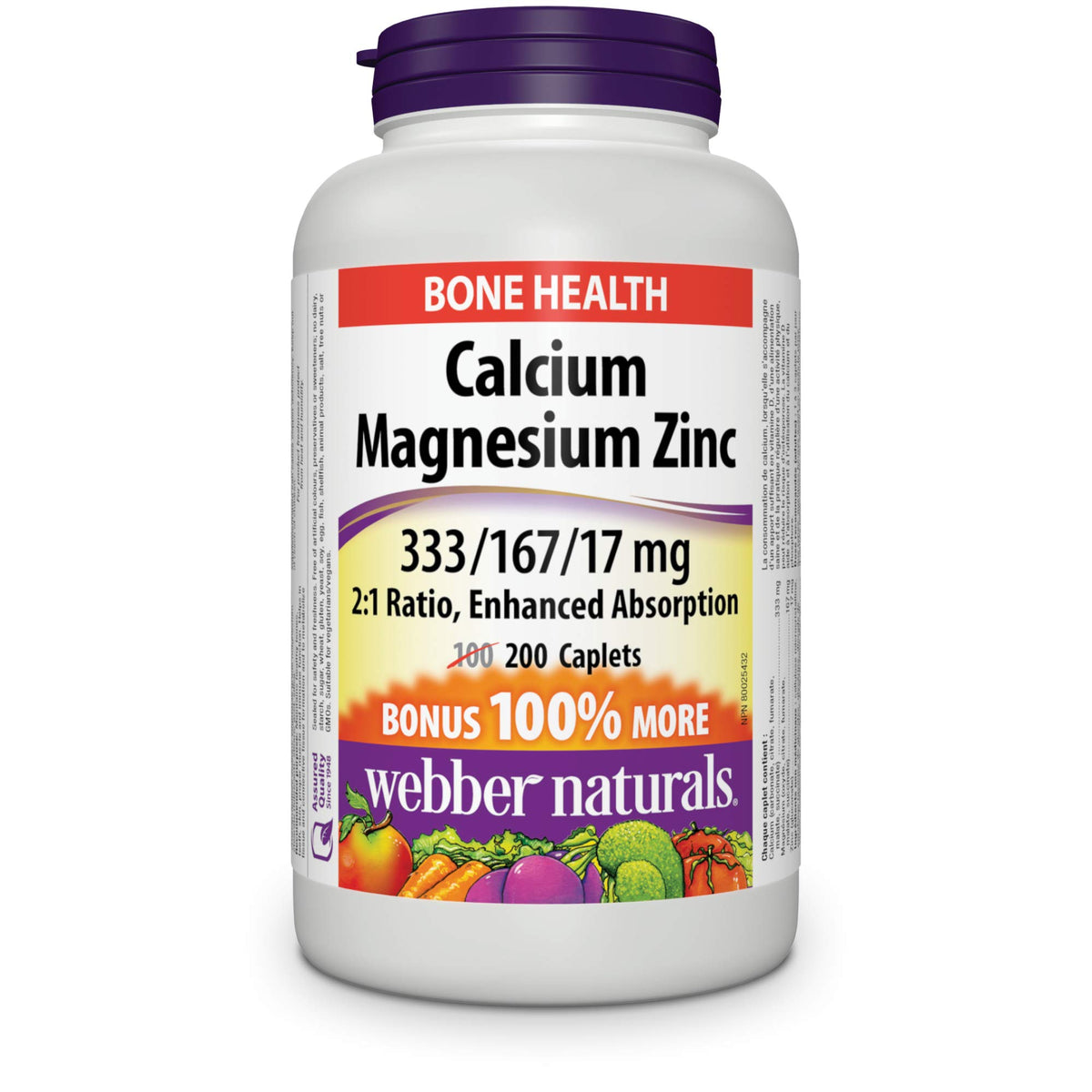 Webber Naturals Calcium + Magnesium, Enhanced Absorption Mineral with Zinc, Helps Support Bones and Teeth, 200 Caplets, Vegan