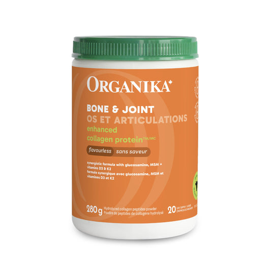 Organika Canadian-Made Enhanced Collagen Bone and Joint Powder - with Glucosamine, MSM, Chondroitin Sulfate, Vitamin D3 and K2 | Helps Restore Bone and Joint Health + Healthier Skin and Hair - 280g