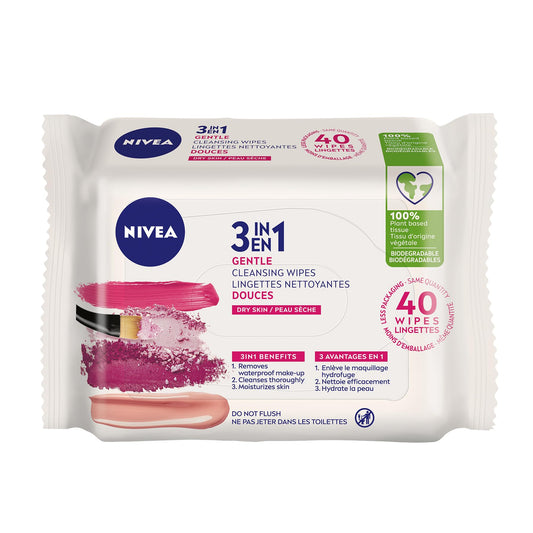 NIVEA 3-in-1 Gentle Face Cleansing Wipes Dry and Sensitive Skin (40 Count), Biodegradable Wipes Made from 100% Plant Fibres, Makeup Remover Wipes Cleanse, Moisturize and Nourish Skin
