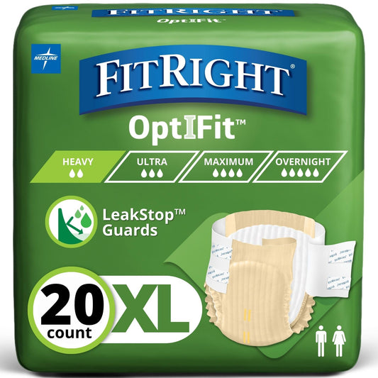 FitRight Adult Diapers; Extra+ Heavy Absorbency; XL (Waist Size 56in-64in); 20 Count; OptiFit Incontinence Briefs for Men and Women; Disposable; Moisture-Wicking; Leak Protection;; Large