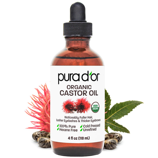 PURA D'OR 4 Oz Organic Castor Oil – Pure Cold-Pressed, Hexane-Free, USDA Certified – Ayurvedic Hair Care, Lashes, Brows, Scalp, Skin: Supporting Softness, Strength, Hydration, Shine & Radiance