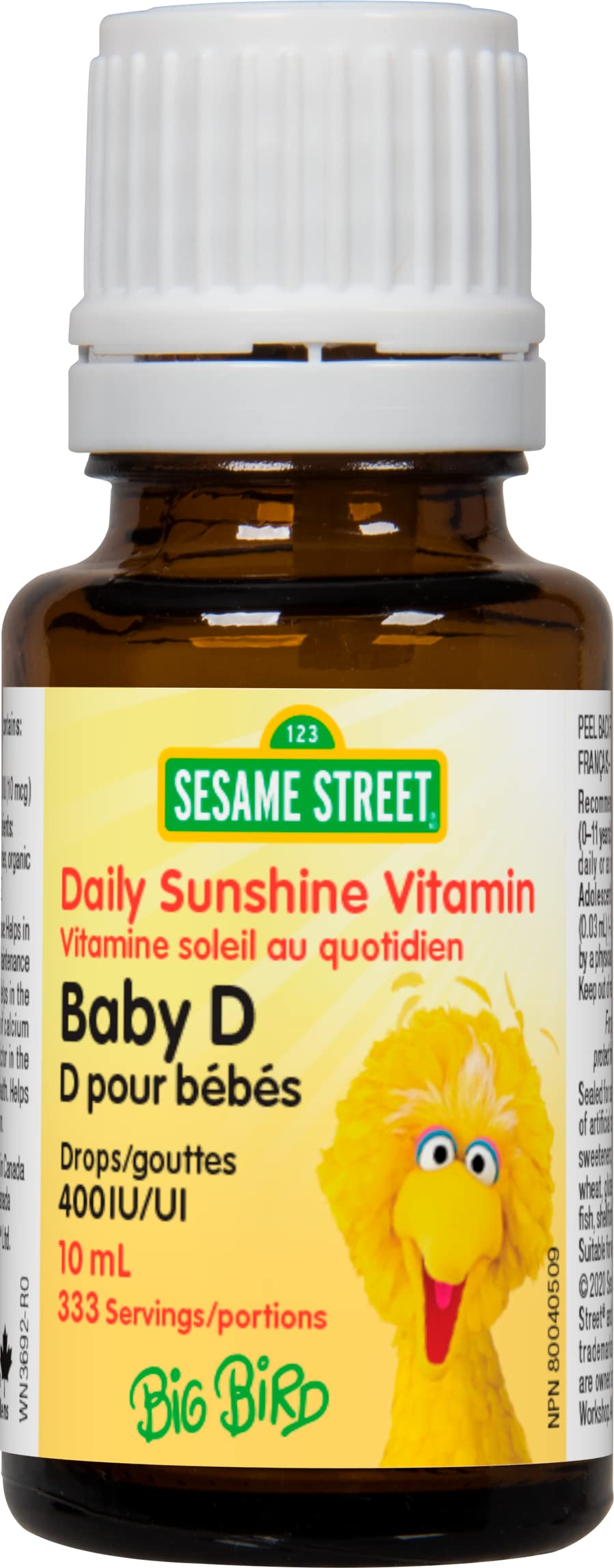 Sesame Street Daily Sunshine Vitamin Baby D3 Drops by Webber Naturals, 333 Servings, Unflavoured, 400 IU of Vitamin D per Drop