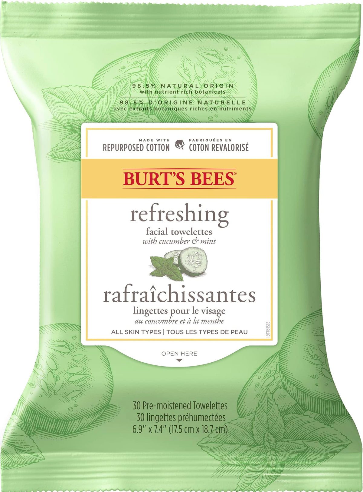 Burt's Bees Refreshing Facial Cleanser Towelettes and Makeup Remover Wipes for All Skin Types with Cucumber & Mint Made with Repurposed Cotton, 30 Count, Stocking Stuffer, Christmas Gift