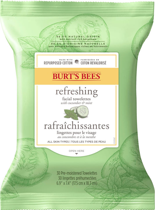 Burt's Bees Refreshing Facial Cleanser Towelettes and Makeup Remover Wipes for All Skin Types with Cucumber & Mint Made with Repurposed Cotton, 30 Count, Stocking Stuffer, Christmas Gift