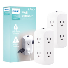 Philips 6-Outlet Extender, 2 Pack, Grounded Wall Tap, Reset Button, Circuit Breaker, Adapter Spaced Outlets, 3-Prong, Quick and Easy Install, Cruise Essentials, ETL Listed, White, SPS1462WA/37