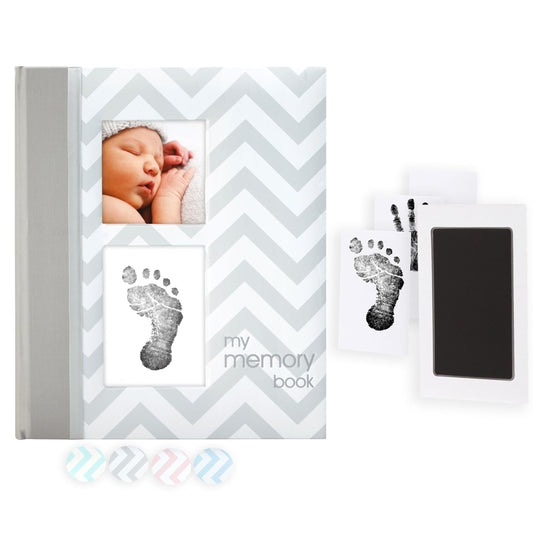 Pearhead Chevron Baby Book with Clean-Touch Ink Pad, Grey