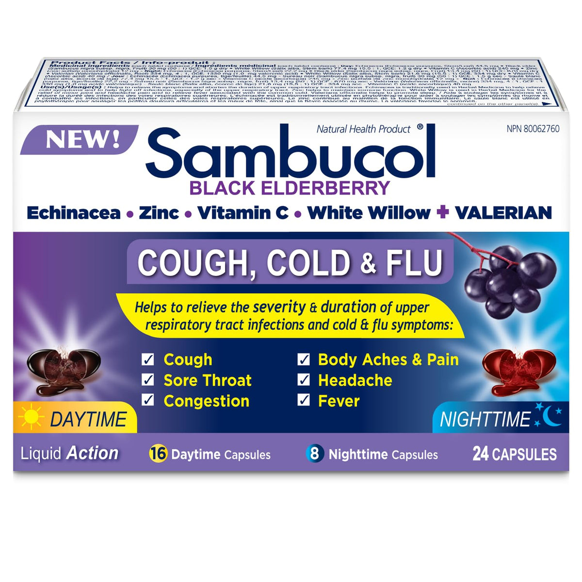 Sambucol Black Elderberry – Cough, Cold and Flu Day/Night| Helps Relieve Congestion, Fever Sore Throat & Head Pain | Black Elderberry, White Willow| 24 Hard Capsules (18 Day/6 Night)