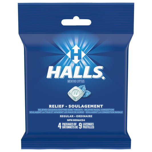 HALLS Regular Cough Drops, Throat Lozenges, Sore Throat Relief, Mentho-Lyptus, 4 Packs of 9 Lozenges