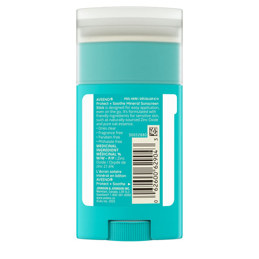 Aveeno Protect + Soothe Mineral Sunscreen Stick SPF 50+ - Sensitive Skin, Quick Drying and Water-Resistant, Sun Protection - Pure Oats & Zinc Oxide, Paraben Free, Broad Spectrum UVA/UVB - 42 Gram