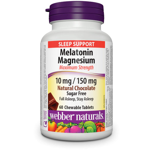 Webber Naturals Melatonin 10 mg with 150 mg of Magnesium, 60 Chewable Chocolate Flavour Tablets, For Sleep Support, Muscle Function and Relaxation, Vegan