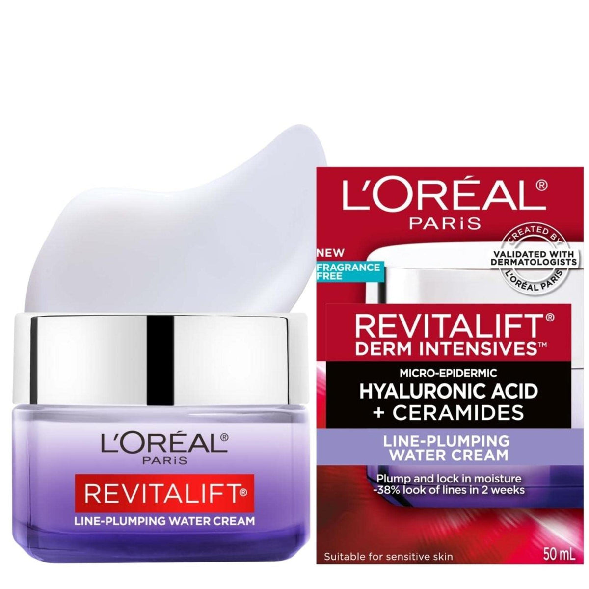 L'Oréal Paris Hyaluronic Acid + Ceramides Line-Plumping Water Cream, 24-Hour Hydration, Reduces Look of Lines, Revitalift, For All Skin Tones & Types, Fragrance Free, Non Comedogenic, 50ml
