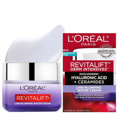 L'Oréal Paris Hyaluronic Acid + Ceramides Line-Plumping Water Cream, 24-Hour Hydration, Reduces Look of Lines, Revitalift, For All Skin Tones & Types, Fragrance Free, Non Comedogenic, 50ml