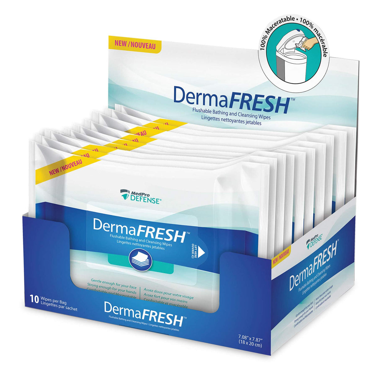 MedPro Defense Dermafresh Flushable and Maceratable Bathing and Cleansing Wipes, Unscented, 1 pack of 10 wipes