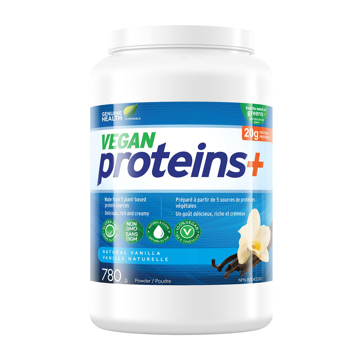 Genuine Health Vegan Proteins+, Natural Vanilla Protein Powder, 20g Protein, No Sugar, 780g Tub