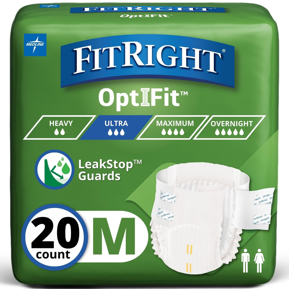 FitRight Ultra Adult Briefs with Tabs, Heavy Absorbency, Medium, 32"-42" (Pack of 20)