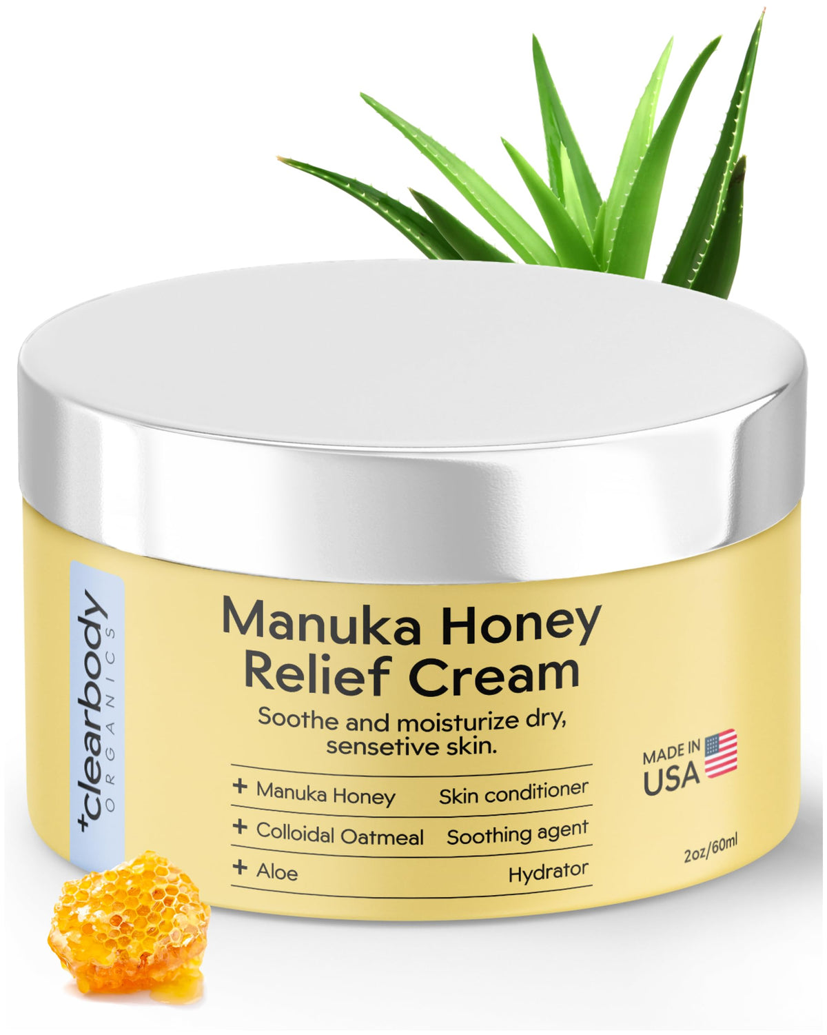 Clearbody Organics Manuka Honey Cream - 2 fl oz, Pack of 1 - Soothing Eczema Cream - Deep Hydration with Colloidal Oatmeal - Instant Manuka Relief for Dry, Itchy Skin