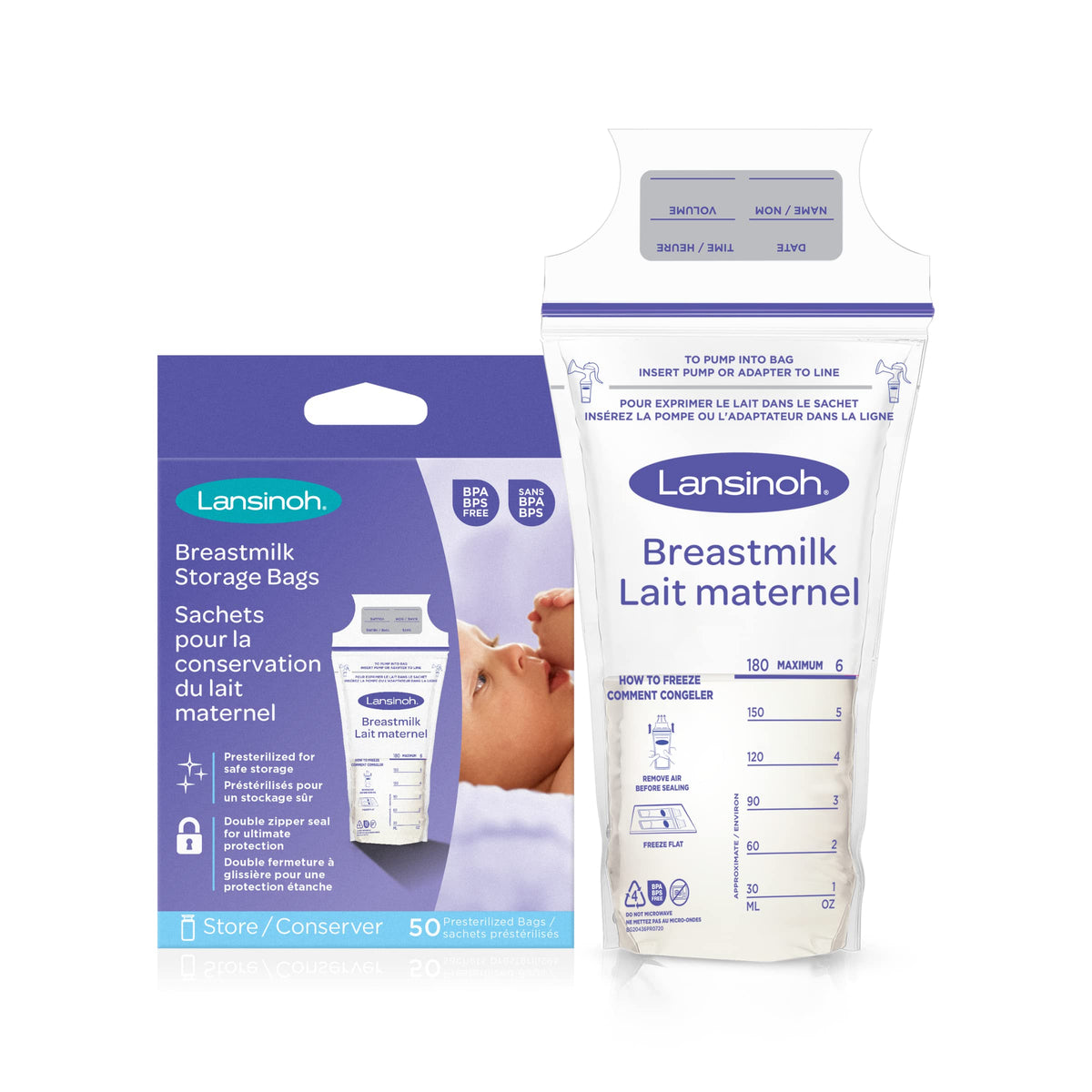 Lansinoh Breastmilk Storage Bags, 50 Count, Baby Essentials, Fast Freeze & Thaw Breast Milk Bags for Baby Bottle Feeding, Superior Strength & Stretch, 6 Ounce