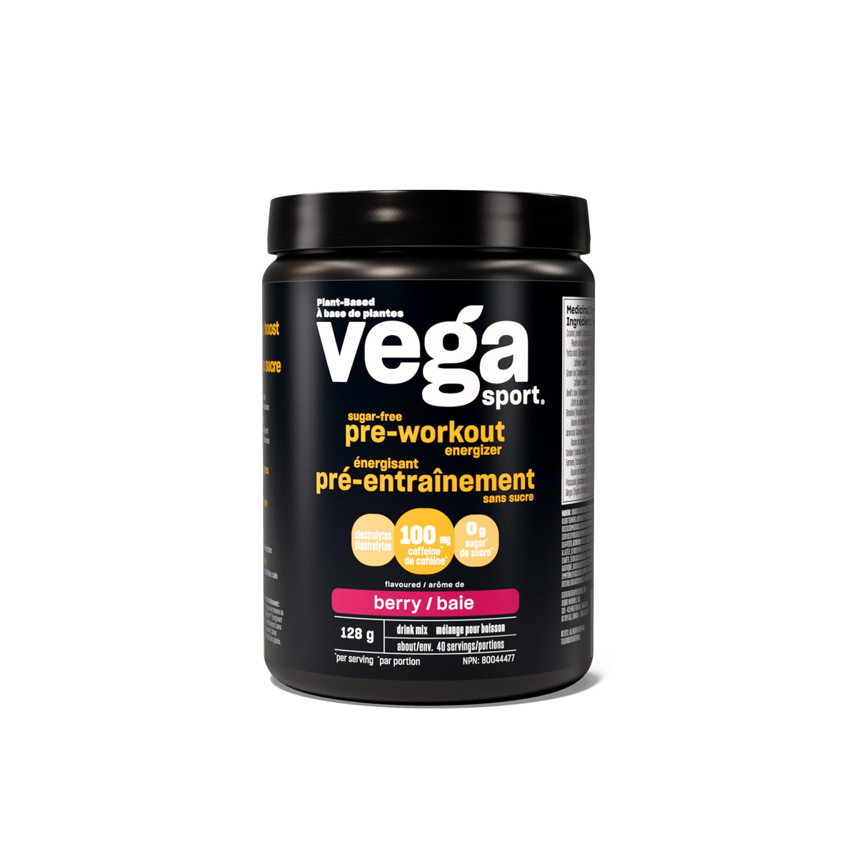 Vega Sport Sugar Free Pre-Workout Energizer, Berry (40 Servings) Vegan Preworkout Energy Powder, Gluten Free, 100mg Caffeine, Non GMO, 165g (Packaging May Vary)
