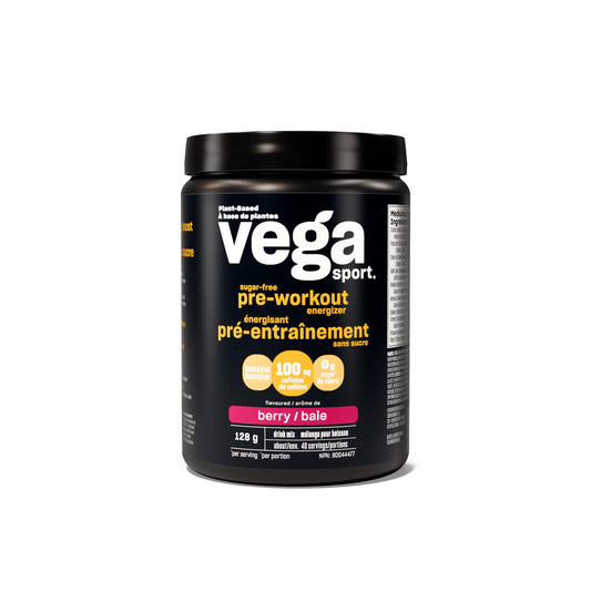Vega Sport Sugar Free Pre-Workout Energizer, Berry (40 Servings) Vegan Preworkout Energy Powder, Gluten Free, 100mg Caffeine, Non GMO, 165g (Packaging May Vary)